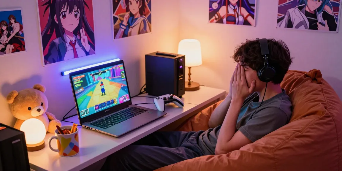 Engaged gamer enjoying a hentaigame in a cozy setup with plush toys and LED lights