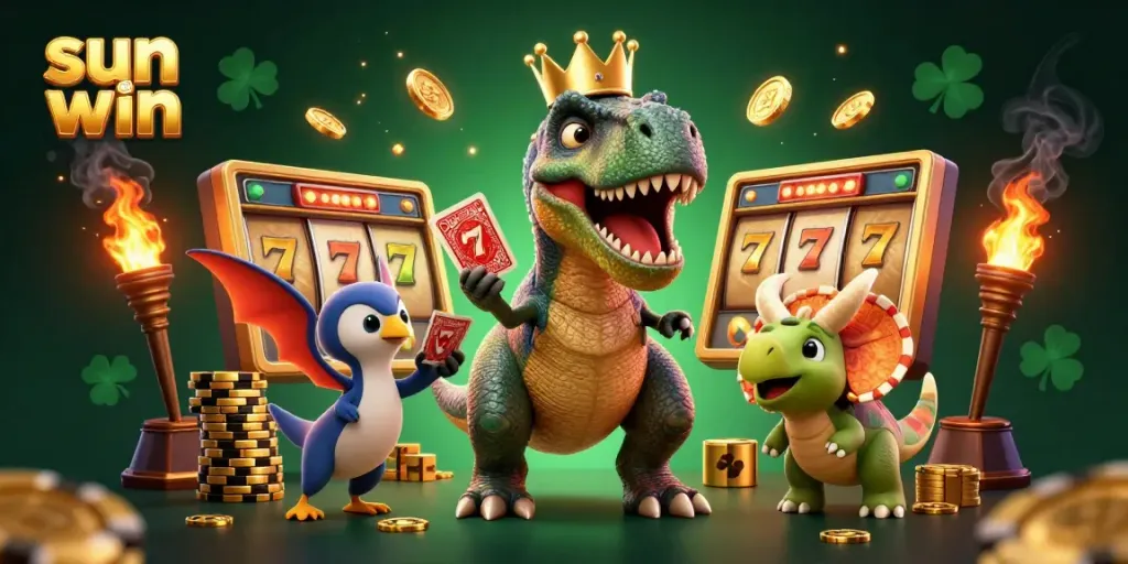 Experience the thrill of winning at sun win with 3D cartoon characters in a festive casino scene.