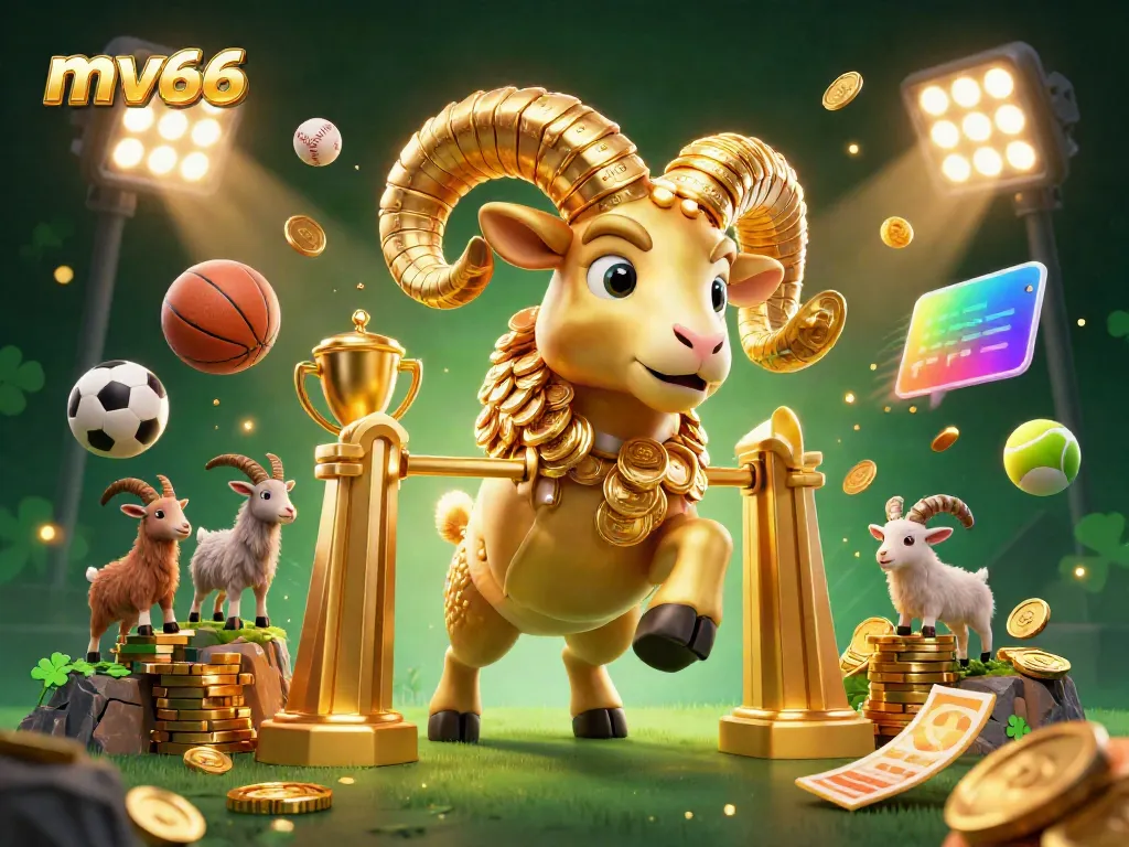 Experience mv66's thrilling live casino atmosphere with a golden ram charging through a vibrant gaming scene.