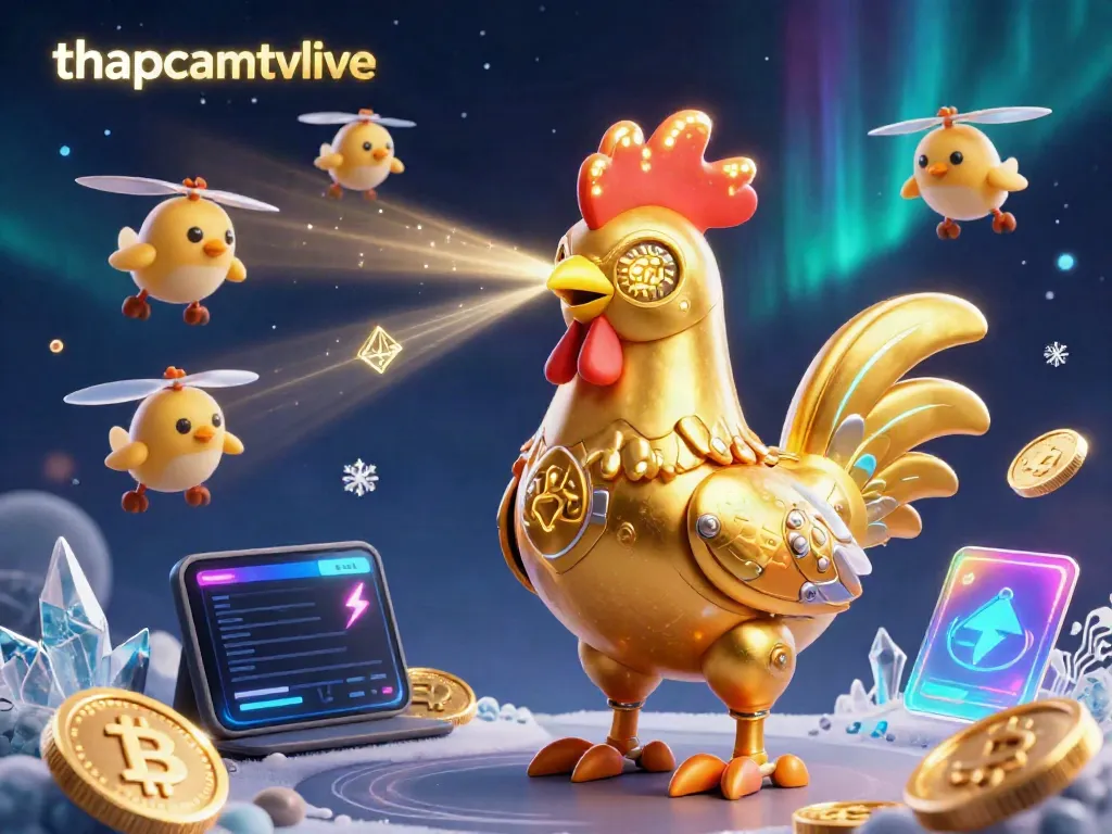 Experience thapcamtvlive with a futuristic golden rooster robot emitting laser beams among cryptocurrency elements in an energetic digital scene.