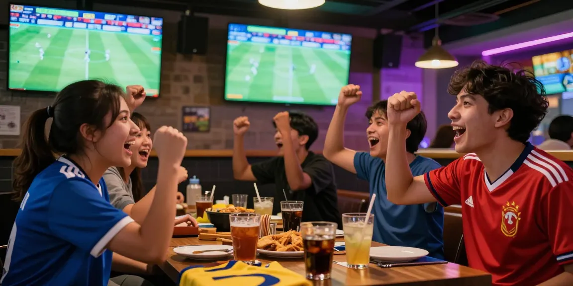 Exciting football betting in Malaysia at a sports bar with fans cheering.