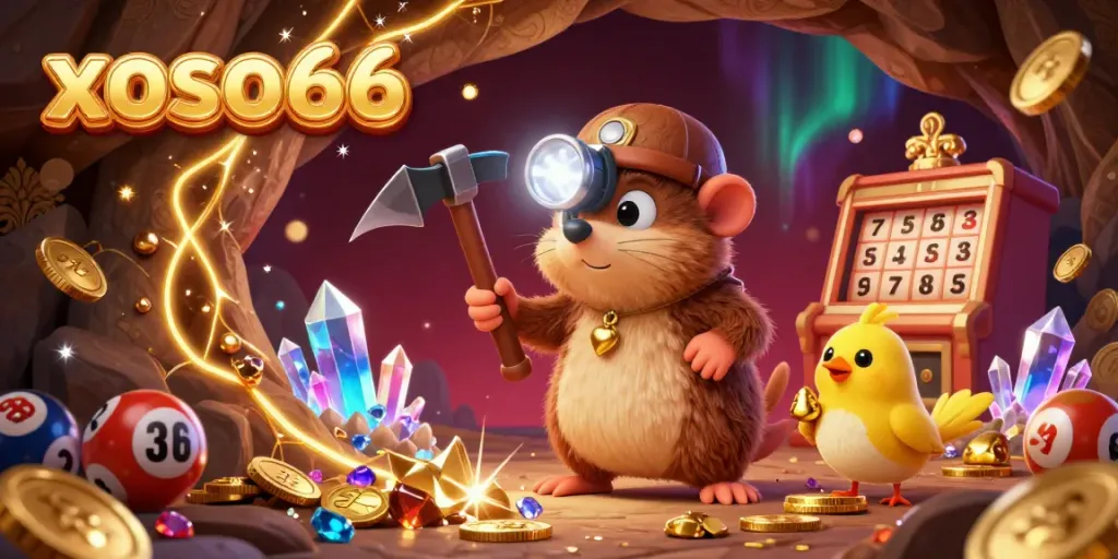 Xoso66 brings excitement to online lottery with a vibrant 3D cartoon mining scene showcasing treasure and winning elements.