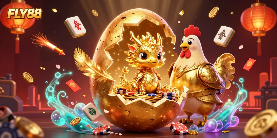 Experience the thrilling excitement of FLY88 with a golden baby dragon and poker chips in a vibrant casino scene.