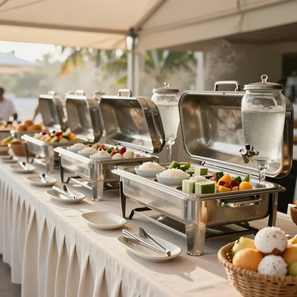Bufet majlis dengan chafing dish, mangkuk nasi, kuih dan dispenser minuman bawah marquee.