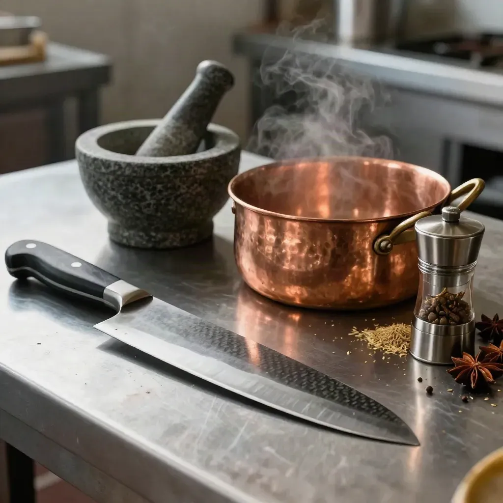 Set peralatan dapur profesional di kaunter keluli dengan wap hangat dan suasana tegang sebelum prep.