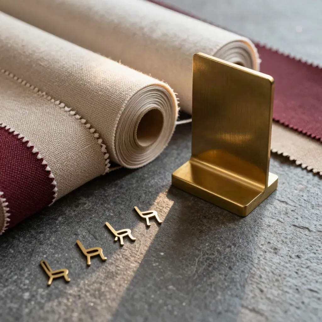 Sampel linen, stand nombor meja brass dan token susunan tempat di atas batu gelap.
