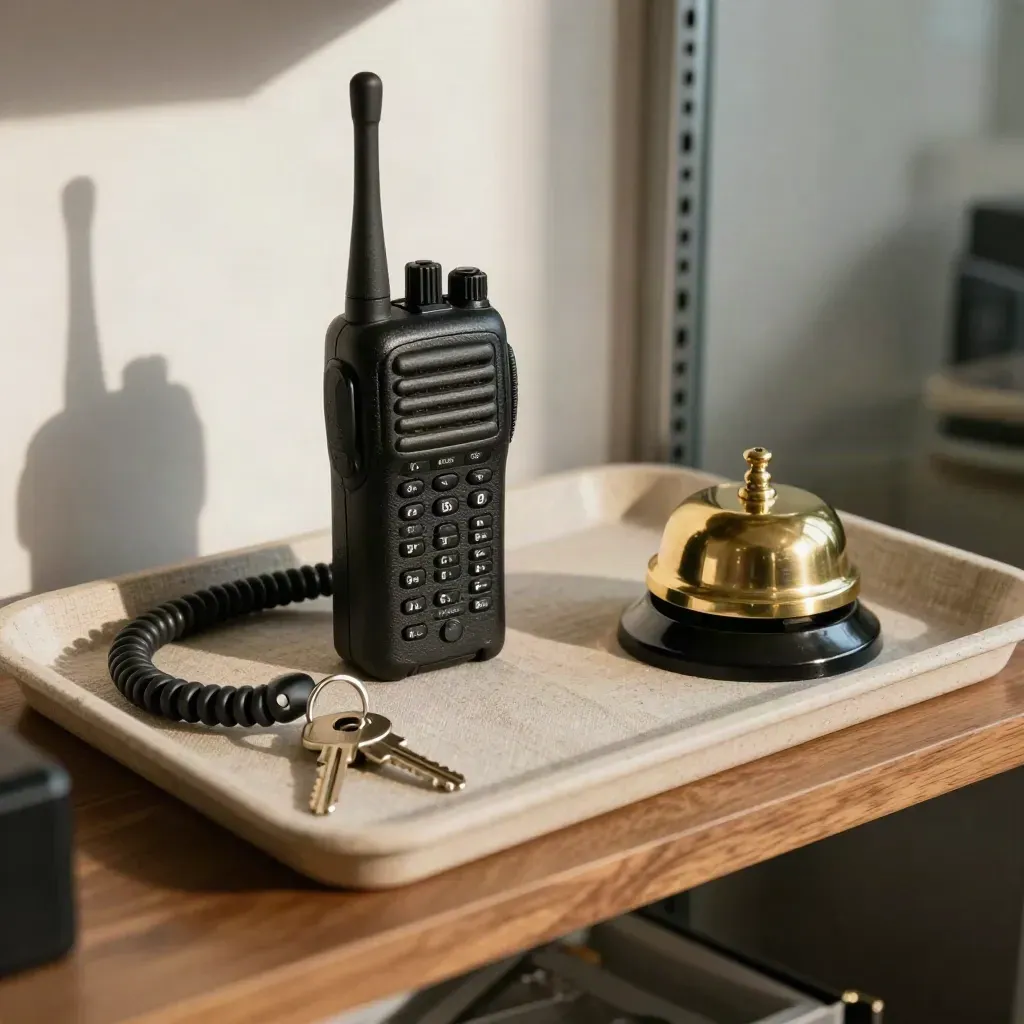 Radio walkie-talkie, earpiece coil, loceng tembaga dan cincin kunci di atas dulang linen.