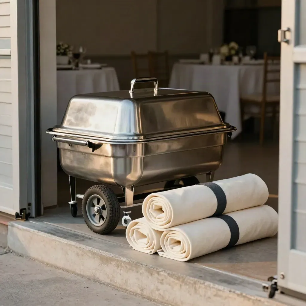 Lid chafing, roda troli servis dan linen gulung di ambang pintu dapur, siap untuk dihantar.