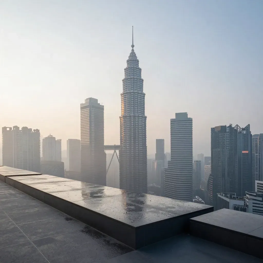 Langit Kuala Lumpur waktu subuh dengan Merdeka 118 muncul di atas kabus monsun selepas hujan.