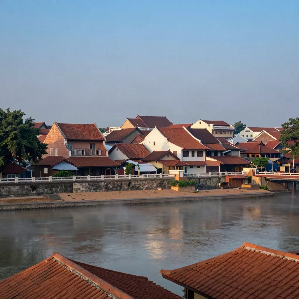 Atap terrakota Melaka dengan siluet bumbung Minangkabau dalam kabus senja