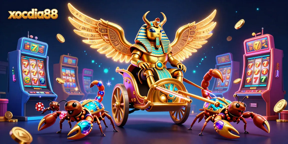 Engage with xocdia88's vibrant gambling scene featuring golden scarab and animated slot machines.