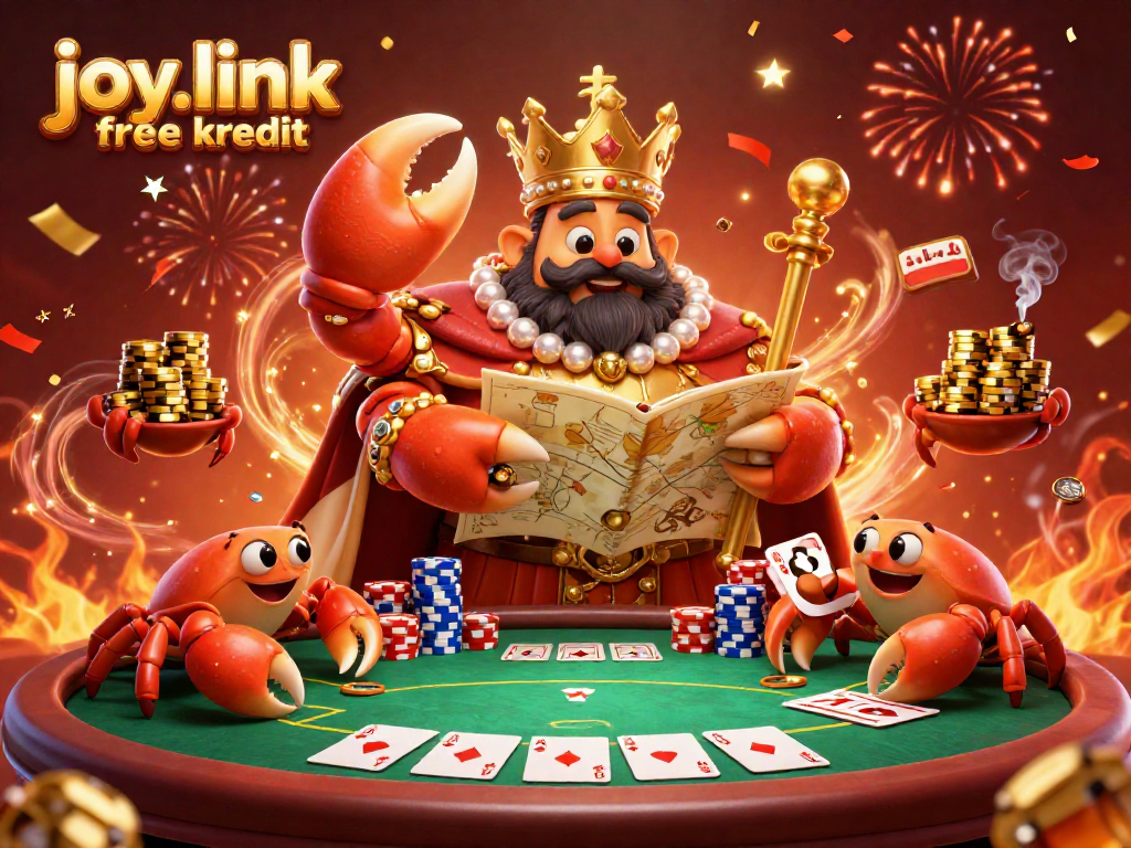 Experience the excitement of joy.link free kredit with a lively poker scene featuring a golden crab emperor and his treasure.