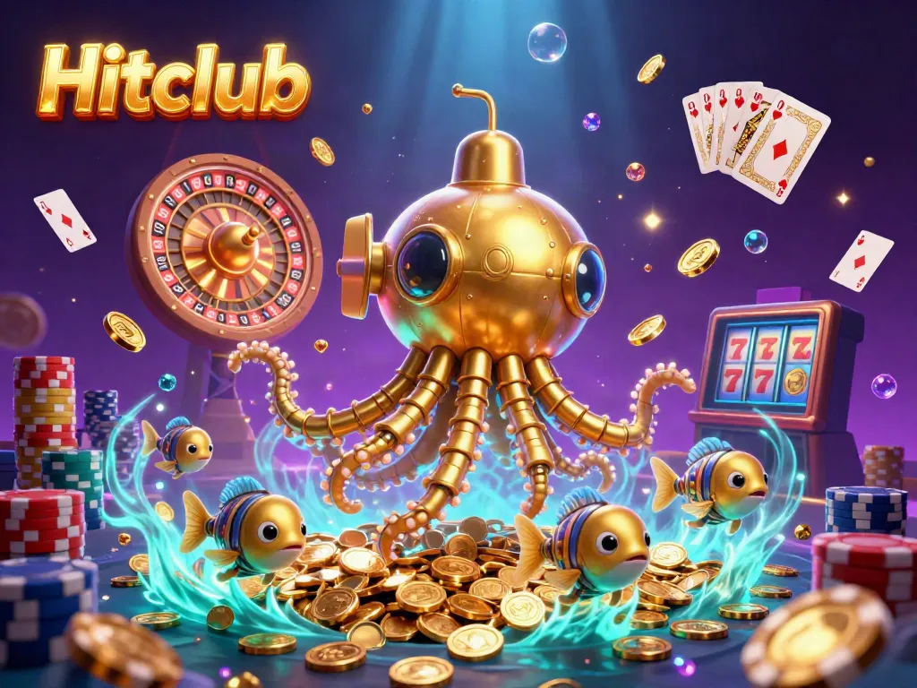 Hitclub's immersive online gaming experience features a vibrant kraken submarine and golden coins.