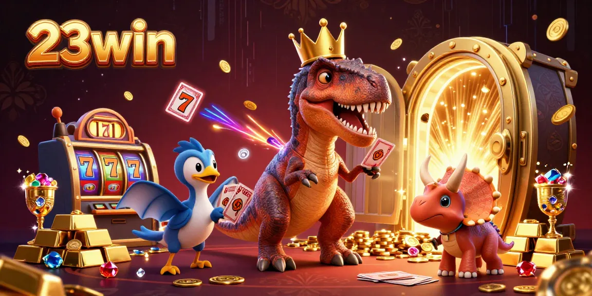 Engage with 23win's vibrant casino space featuring a T-Rex card shuffling amid gold treasures.