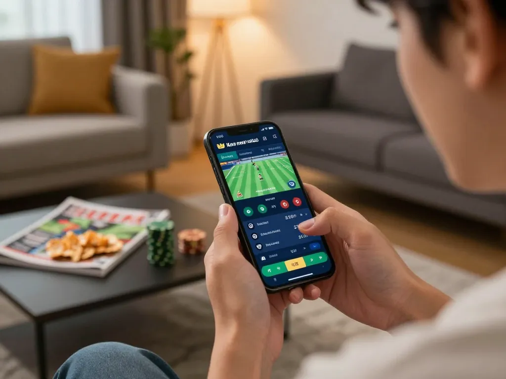 Engaging in keo nha cai sports betting on a smartphone in a modern living room setting