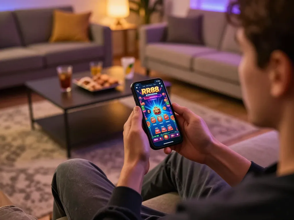 Player enjoying online gaming experience with RR88 app on smartphone in a cozy living room setting