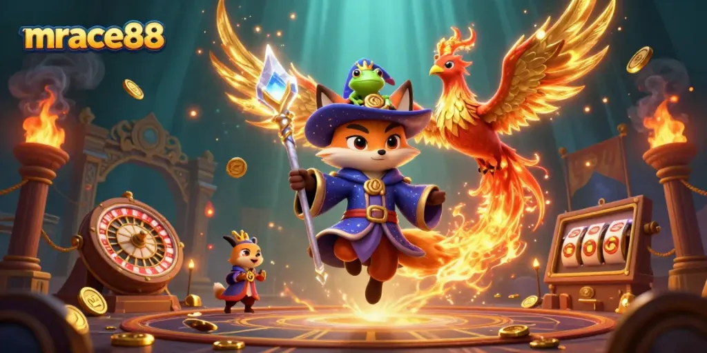 Engage with exciting mrace88 gameplay, featuring vibrant characters and casino elements in a dynamic setting.