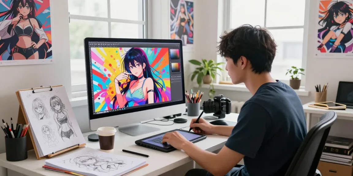 Creating stunning ai ecchi anime characters in a vibrant art studio with digital tools and natural lighting.