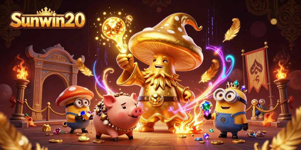 Win big with Sunwin20 in this dynamic casino scene showcasing magical characters and treasures.