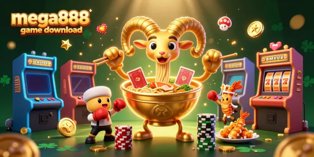 Engage with the mega888 game download featuring a vibrant scene of fun characters and casino elements.