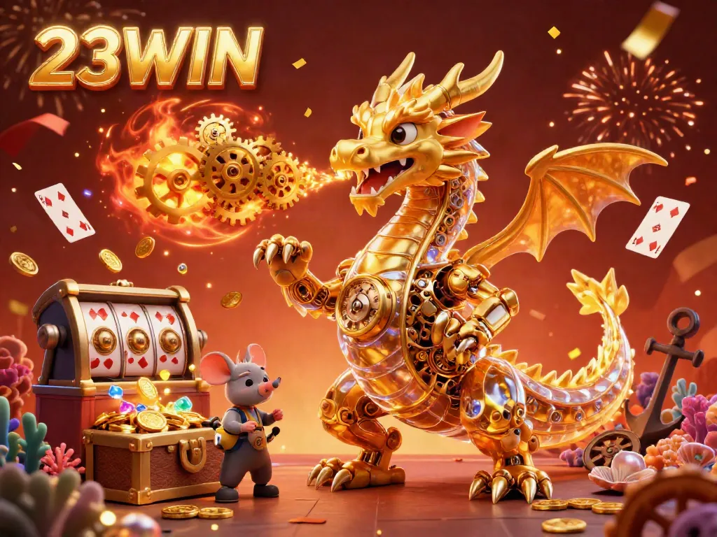 Experience the excitement of 23WIN at a vibrant casino with dragon-themed elements and dynamic decorations.
