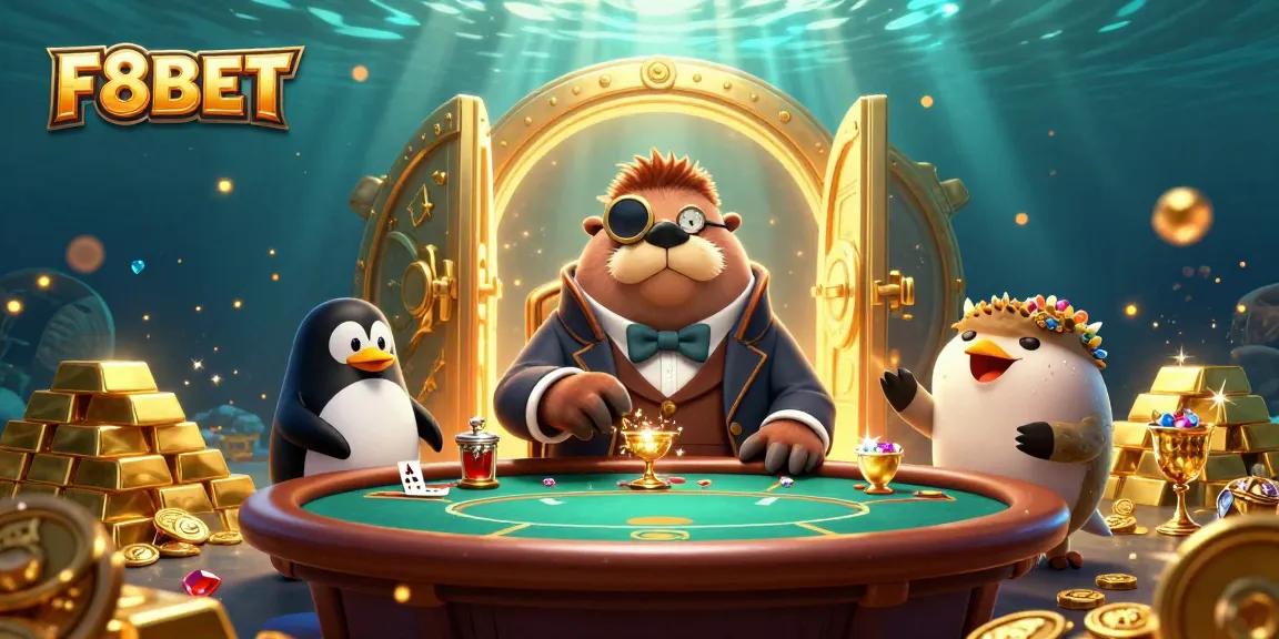Engage in thrilling poker action at F8BET with cartoon characters amidst shimmering treasures and lively underwater scene.