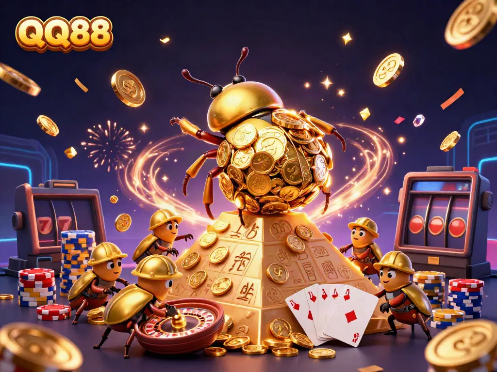 Experience the excitement of QQ88 with a golden beetle rolling coins at a casino pyramid.
