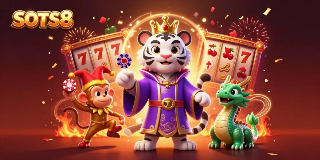 Experience thrilling wins with SLOTS8 featuring a majestic tiger, a jester monkey, and lively casino elements.