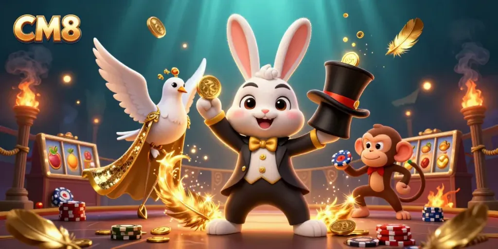 Engage with CM8's dynamic scene featuring a magician rabbit revealing golden coins and playing cards amidst a thrilling casino backdrop.