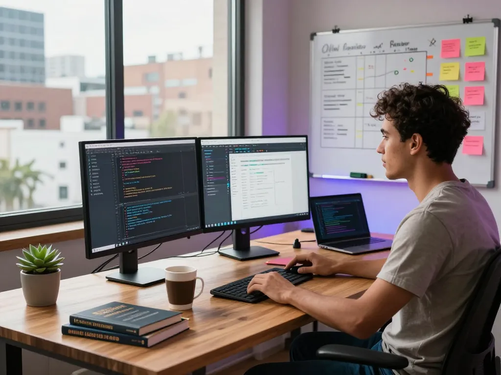 Collaborative workspace with a software engineer using clawd bot on dual monitors, showcasing coding and task management in a vibrant urban environment.