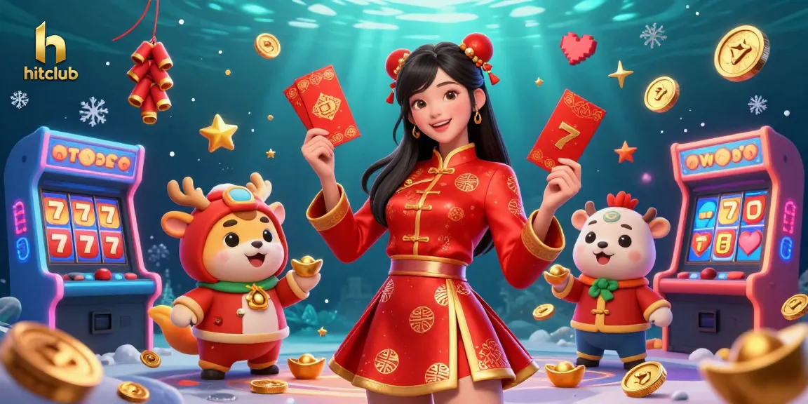Hitclub's festive casino scene showcases vibrant visuals with slot games and lucky symbols, capturing excitement.