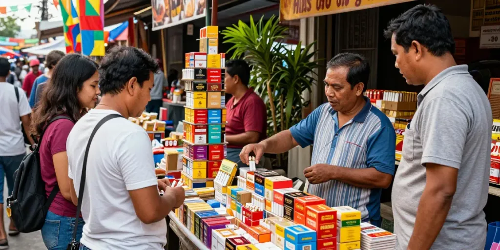 Pasar jalan yang ramai dengan penjual rokok88 dan pengunjung berinteraksi.