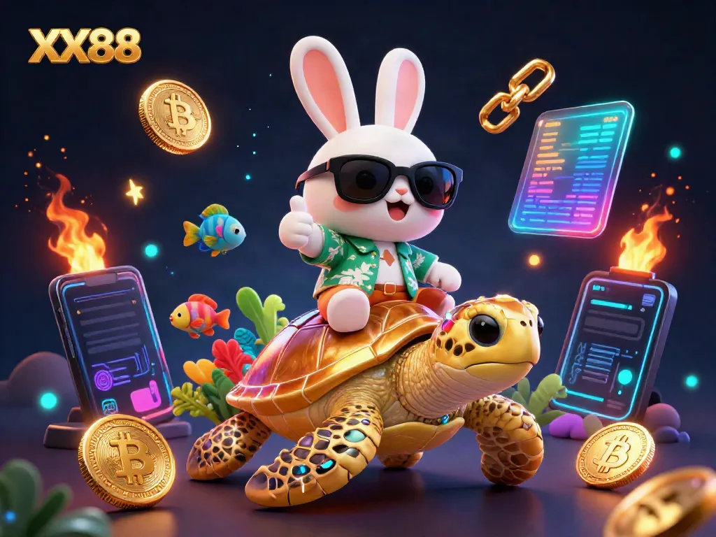 Experience a vibrant XX88 gaming scene with a lucky rabbit and golden turtle in a tropical setting.