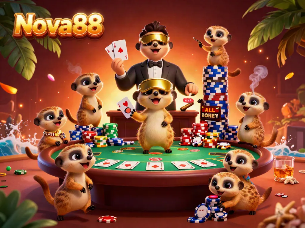 Experience thrilling poker action at Nova88 with clever meerkats orchestrating a vibrant casino scene.