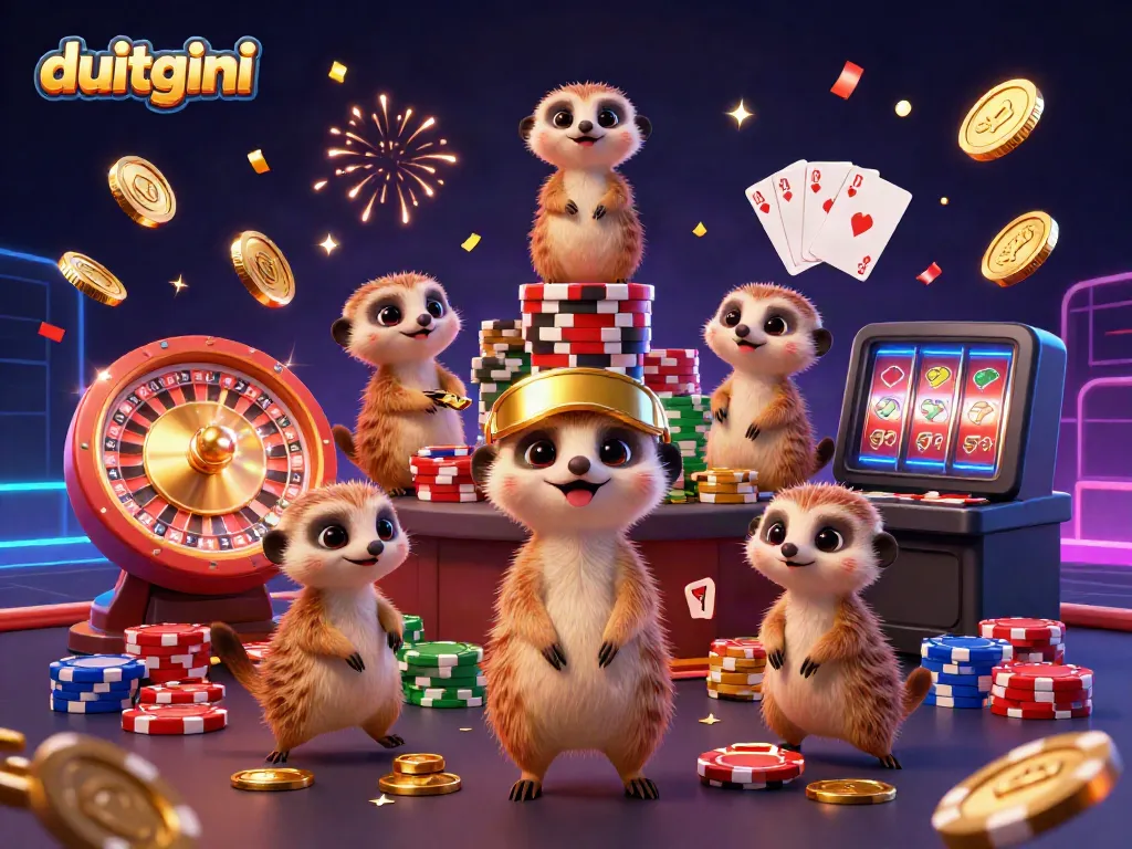 Duitgini showcases a lively casino scene featuring meerkats engaging in colorful games and activities.