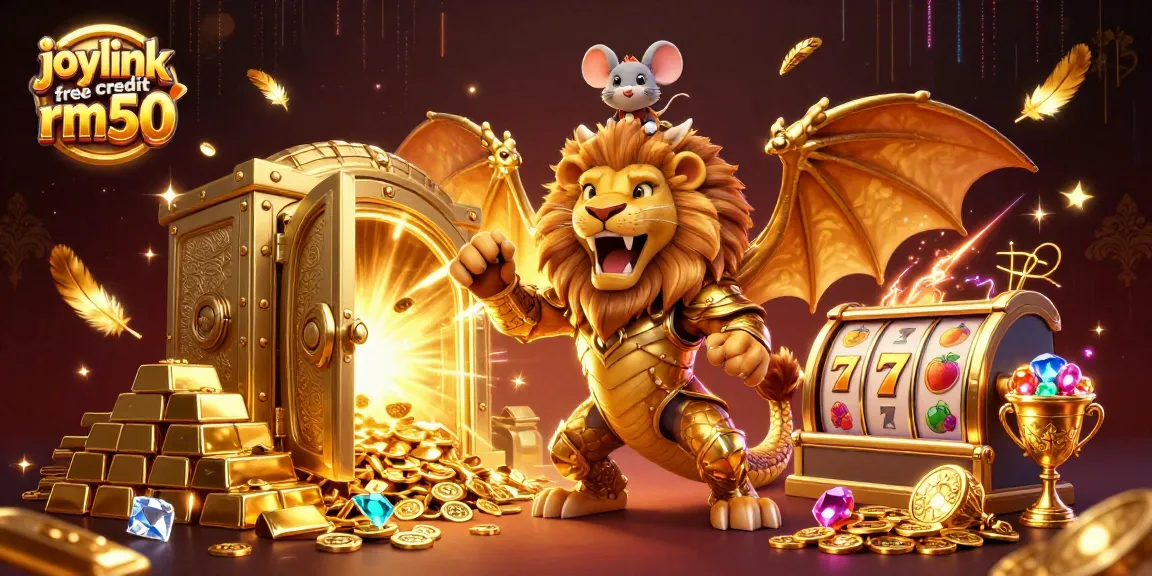 Engage with joylink free credit rm50 through a vibrant scene of a chimera and treasures in a casino setting.