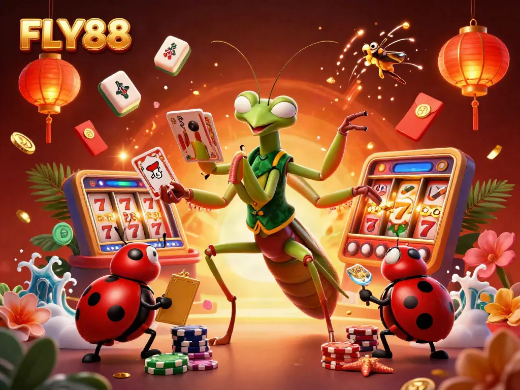 FLY88 attracts players with vibrant 3D casino action featuring a mantis card sharp and ladybug pit boss.