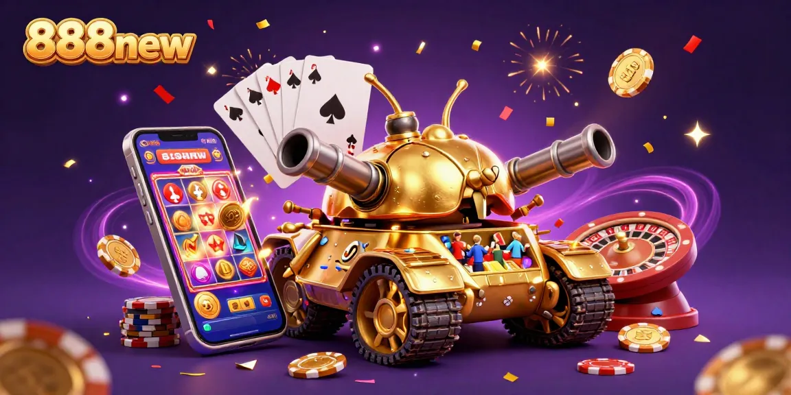 Win big with 888new in a vibrant illustration featuring a thrilling casino tank adventure.