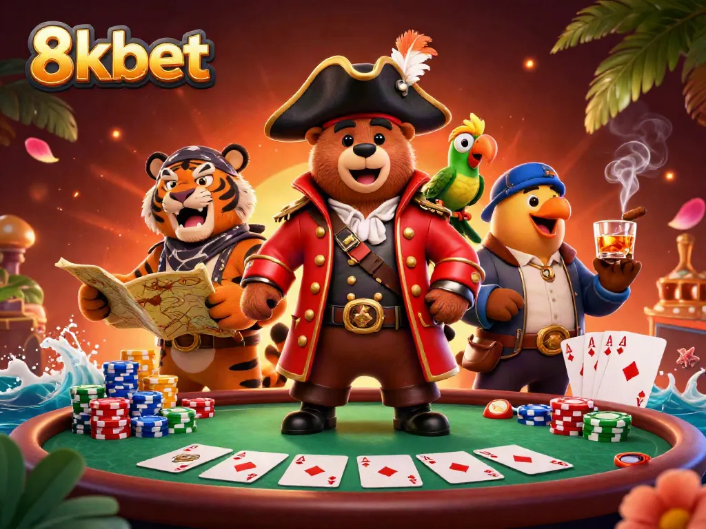 Immerse in the thrilling world of 8kbet with a vibrant scene featuring a pirate bear and tiger at a poker table.