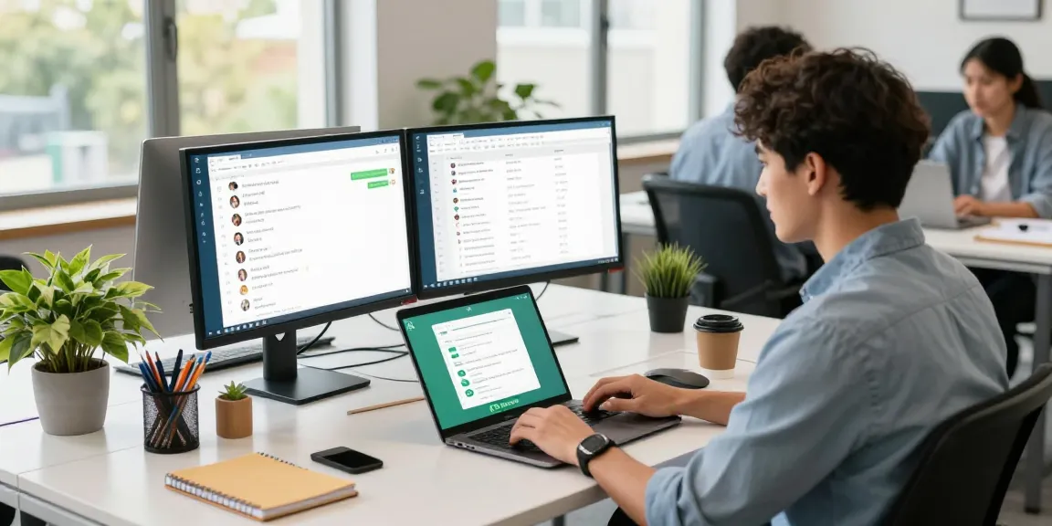 Person using WhatsApp網頁版 on laptop in a modern office setting with engaging workspace.