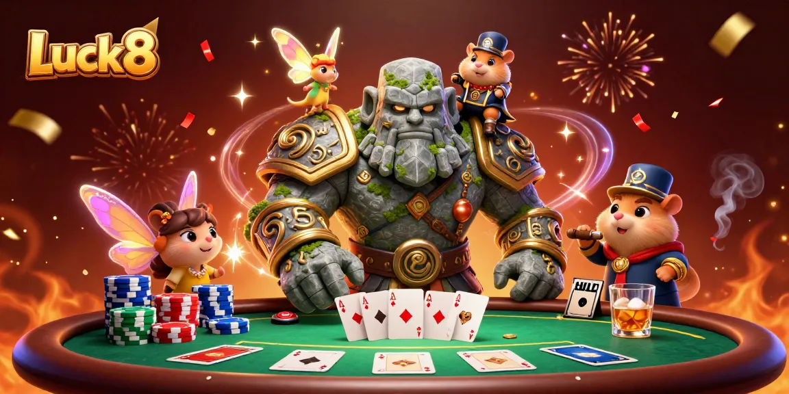 Luck8 presents a vibrant poker scene with a golem, fairy, and hamster knight amidst dynamic casino elements.