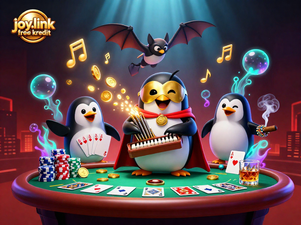 Engage with joy.link free kredit at a vibrant casino scene featuring a penguin and bat characters.