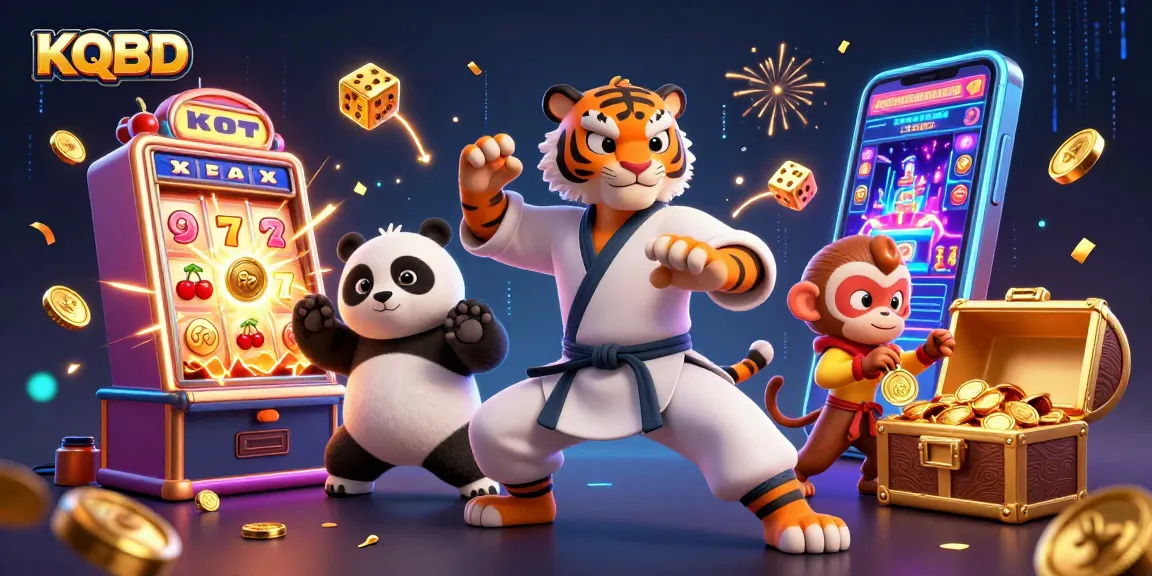 KQBD shows a kung fu tiger master with a panda disciple and monkey student amid a vibrant casino-themed scene.