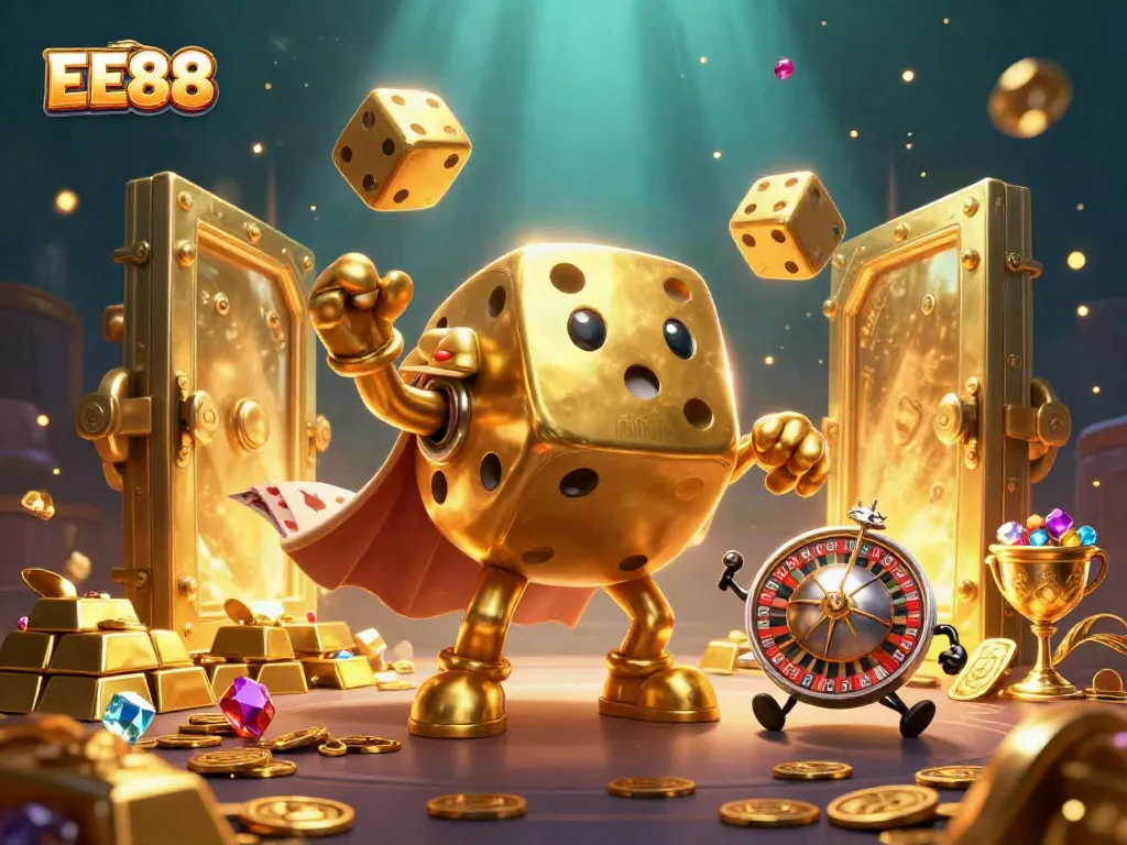 EE88 showcases immersive casino with golden golem and vibrant treasures, captivating gamblers.