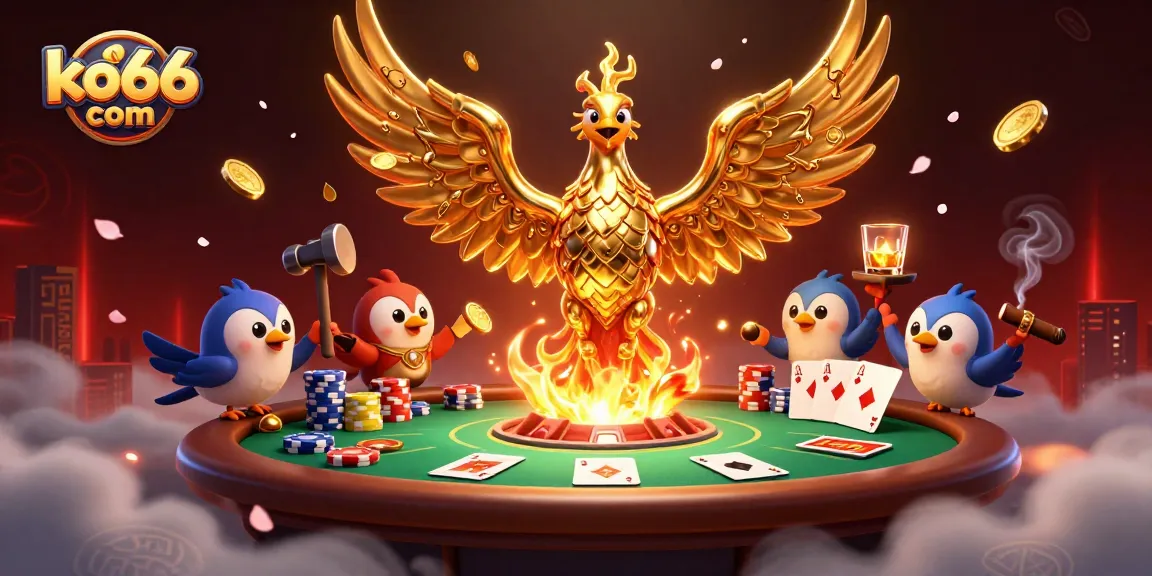 Engage in poker gameplay at ko66 com with a phoenix rising from molten gold amidst casino elements.