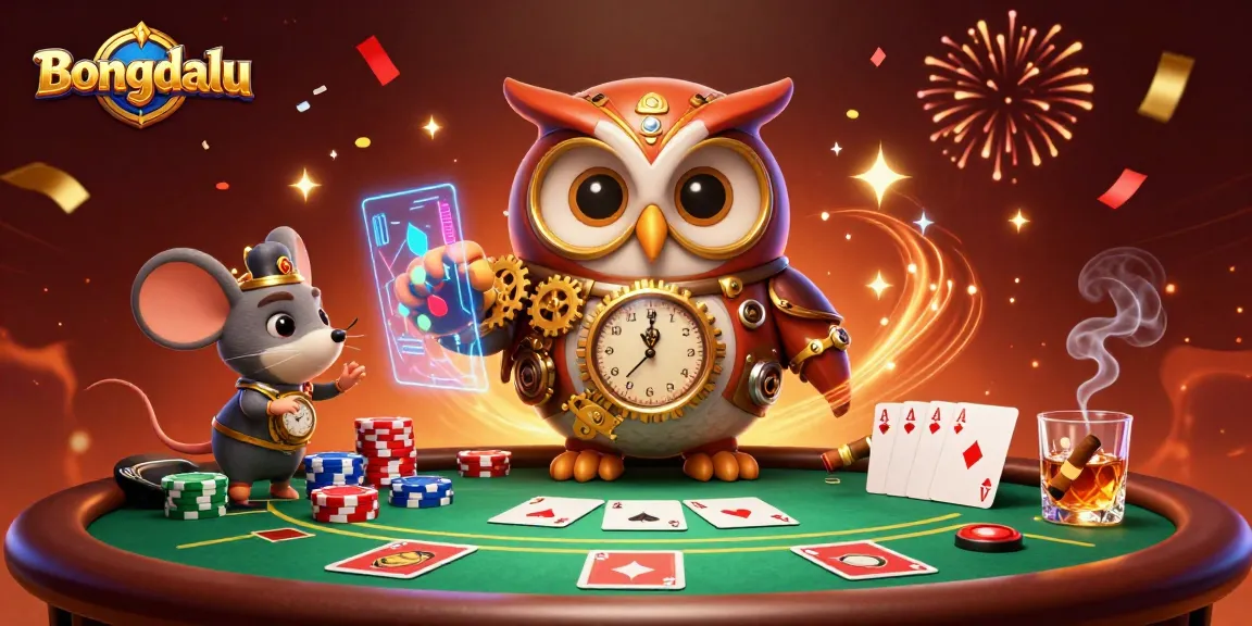 Bongdalu showcases a vibrant 3D illustration of a time-traveling owl and mouse amidst poker elements, celebrating big wins.