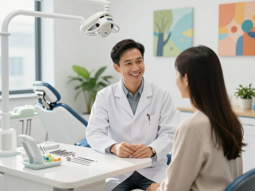 Dentist near me in a welcoming clinic preparing for patient consultation with bright sunlight.