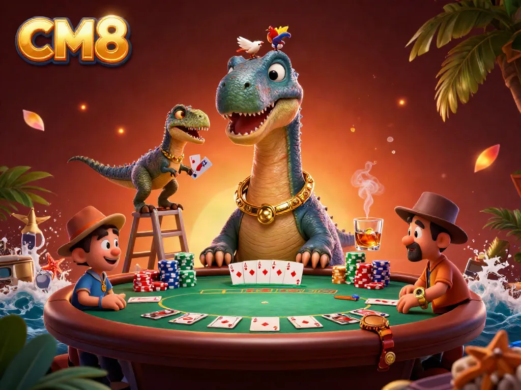 Engage with CM8's vibrant 3D casino scene featuring a brontosaurus and a clever raptor dealing cards.