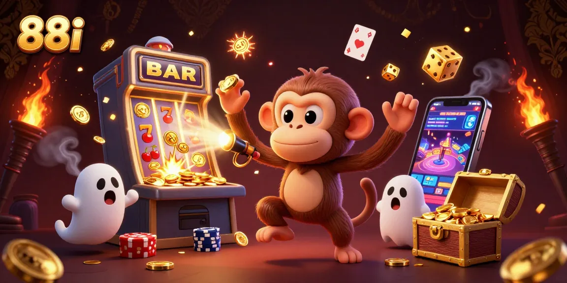 Engage with 88i's spirited atmosphere featuring a playful ghostly monkey juggling gold in a vibrant casino setting.