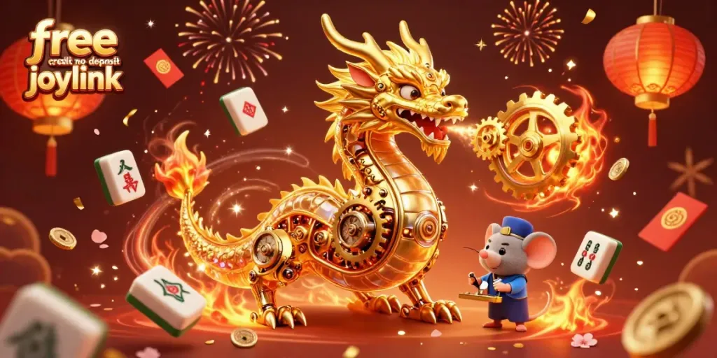 Claim free credit no deposit joylink with 3D dragon and vibrant casino elements for an exciting gaming experience.